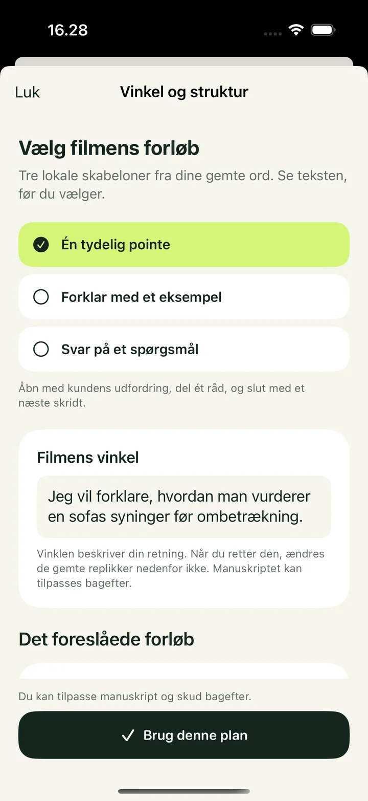 Vælg filmens forløb: Én tydelig pointe, Forklar med et eksempel eller Svar på et spørgsmål